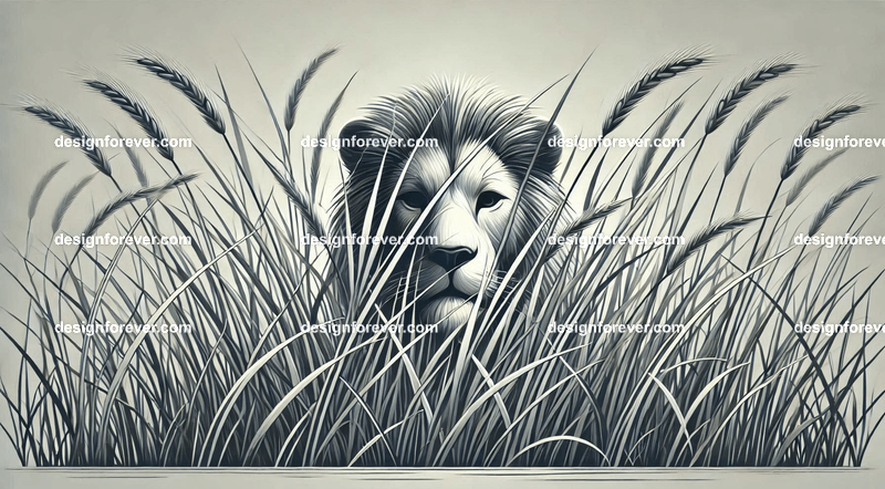 a lion hidden behind stalks of grass