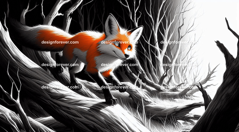 A fox navigating a creep black and white forest and dead trees