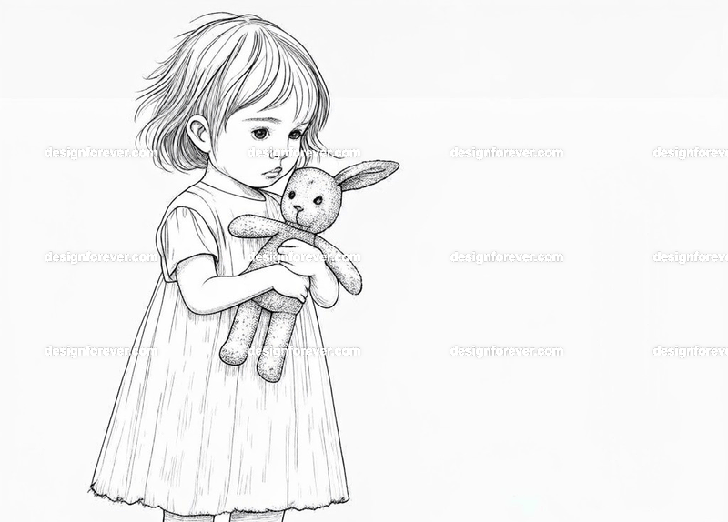 little girl holding on to her tattered rabbit stuffed animal