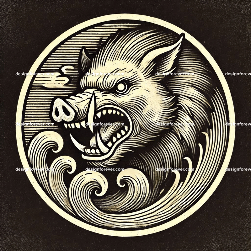 the fury of the boar within a circular seal