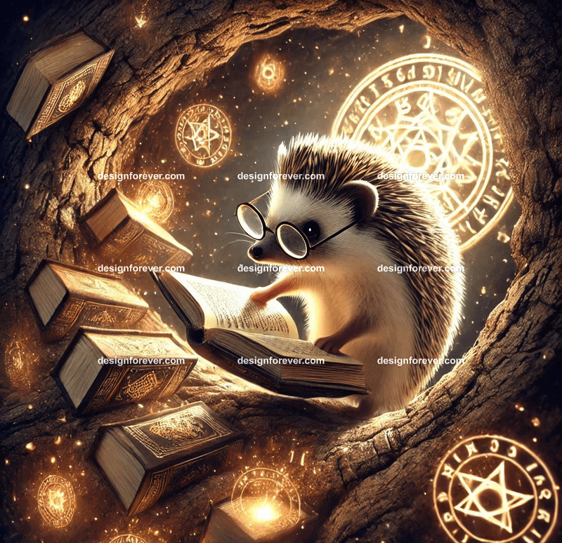 A hedgehog wearing tiny reading glasses, cataloging magical books in a hollow tree filled with glowing runes