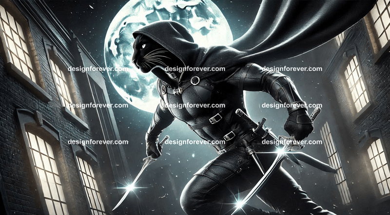 Sleek panther dressed in a dark hooded cloak, dual