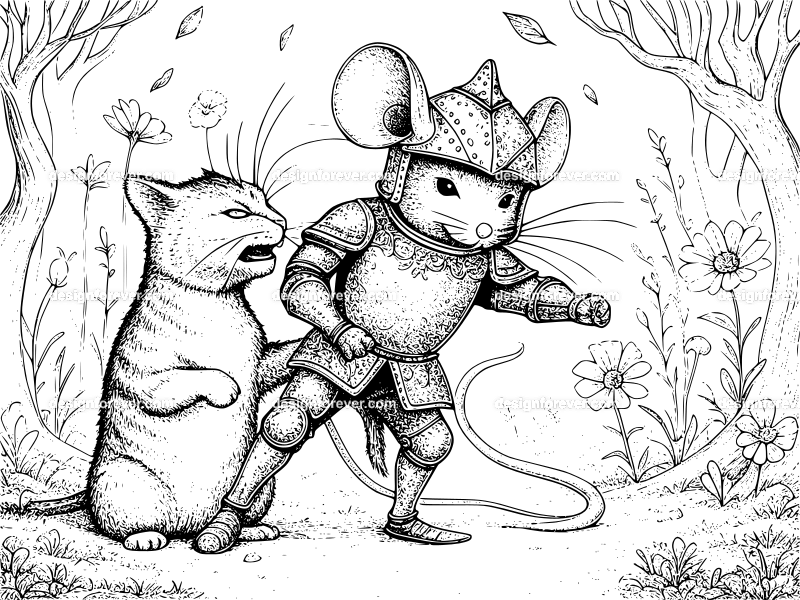 mouse in knights armor fighting cat