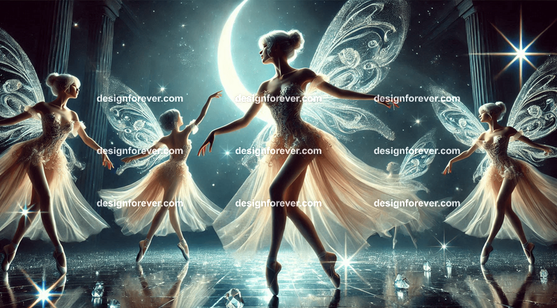 Elegant fairies dressed in glowing gowns, twirling on a shimmering crystal dance floor under a crescent moon