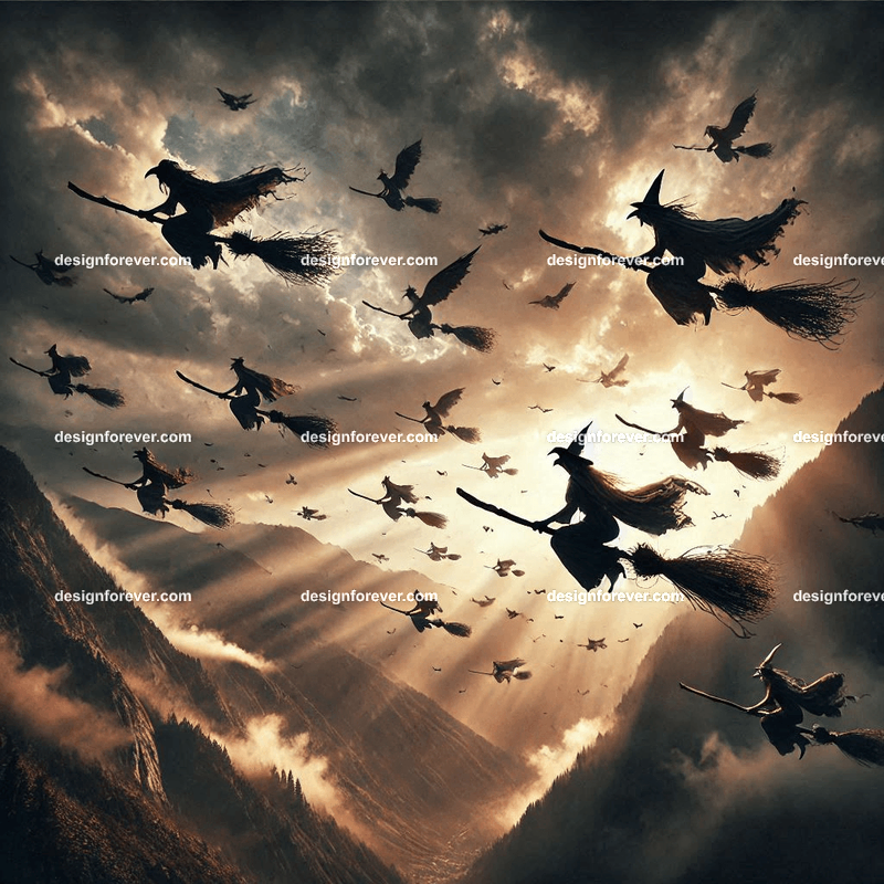 flight of witches in broomsticks in the skies