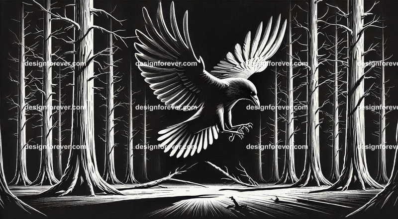 crow flying down towards its prey on ground in dark forest with dead trees