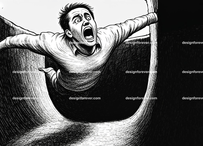 man in state of falling into a endless well screaming with fright