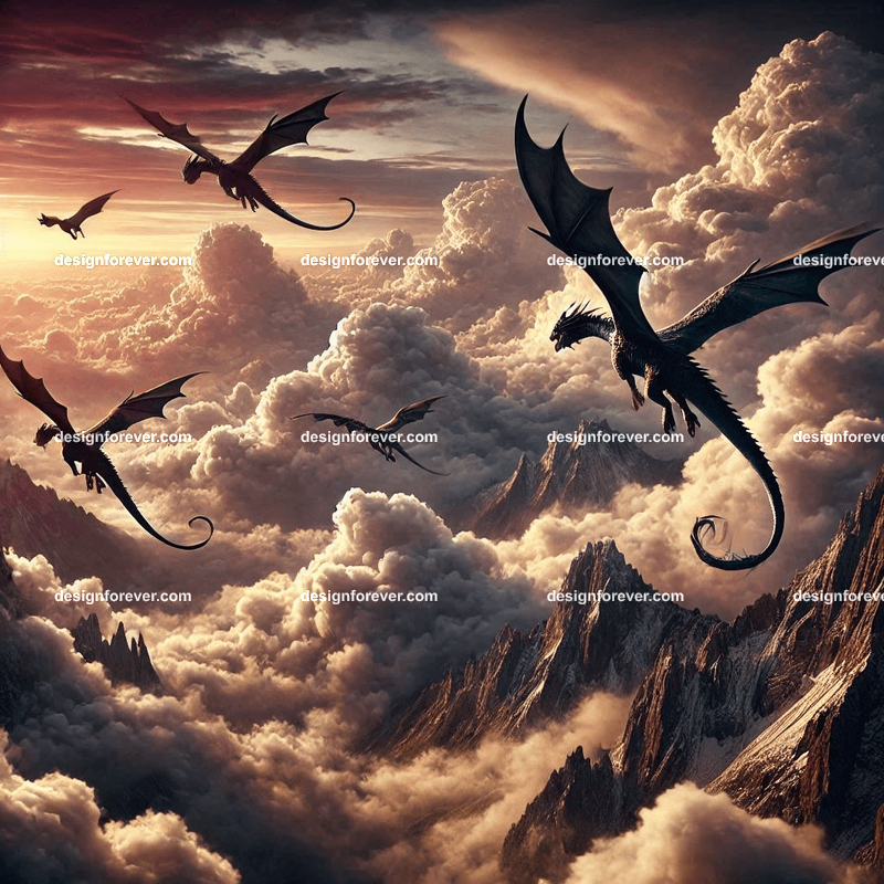 The flight of the dragons above majestic clouds