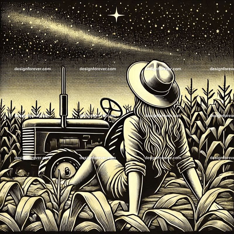 girl lying in corn field on top of tractor staring at sky at night