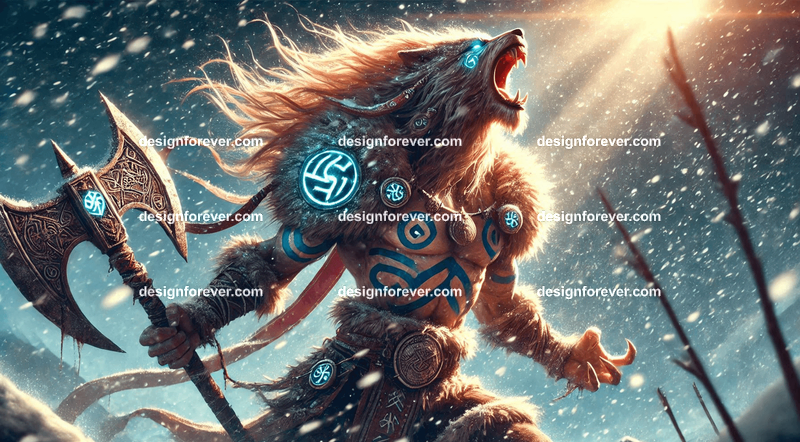 Fenrir as a Viking warrior, with battle scars and runes glowing on their fur, howling in a snowy battlefield