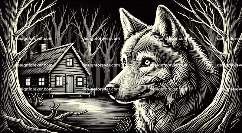 a wolf staring at cottage in woods in a creepy dark woods with dead trees
