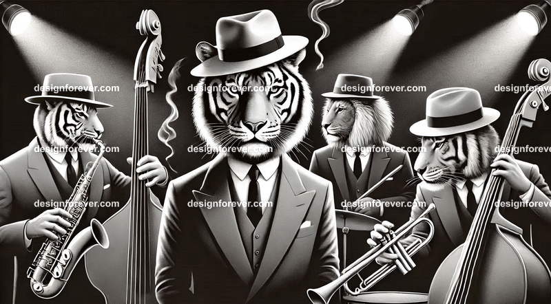 Anthropomorphs tigers and lions as 1920s jazz musicians with suits, fedoras, and instruments in dark smoky room