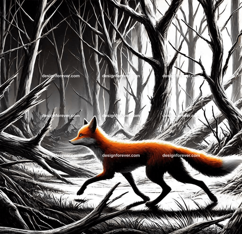 A fox navigating a creep black and white forest and dead trees