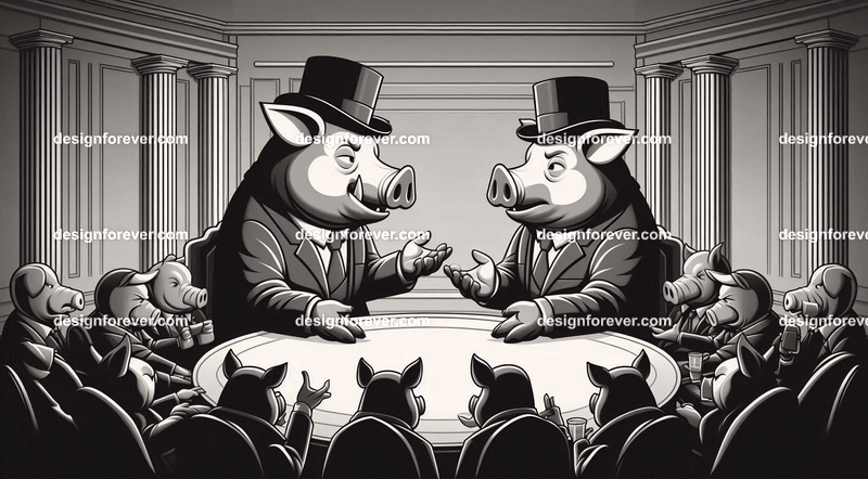 Personified pigs debating politics in a lavish setting