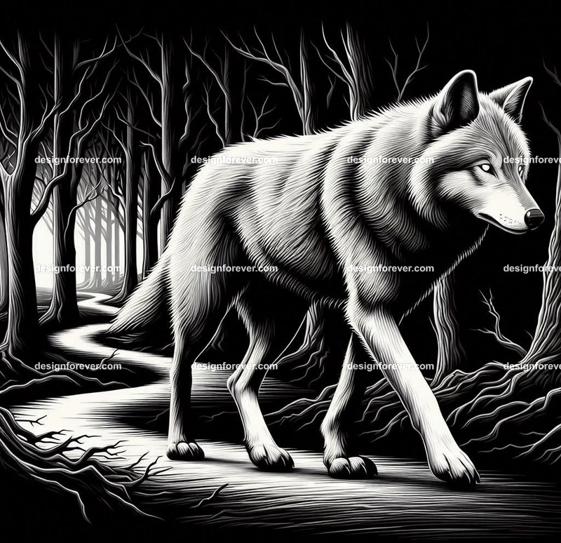 a wolf walking on a windy path in creepy dark woods with dead trees
