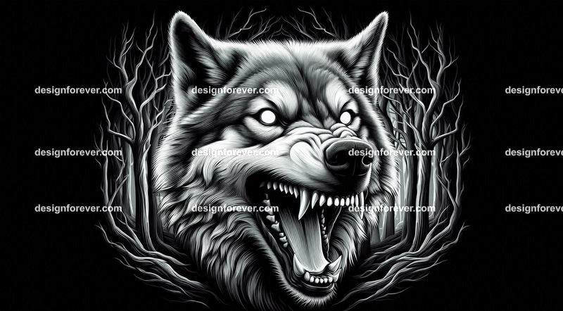 a wolf baring its teeth at you in creepy forest with dead trees