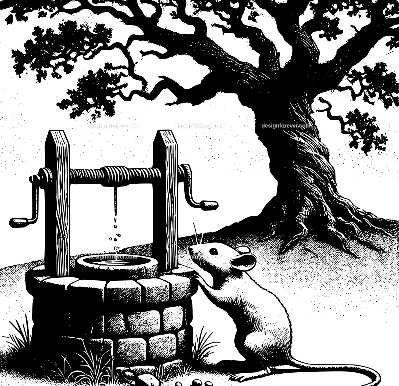 anthromorphic mouse digging vegetables next to old oak tree