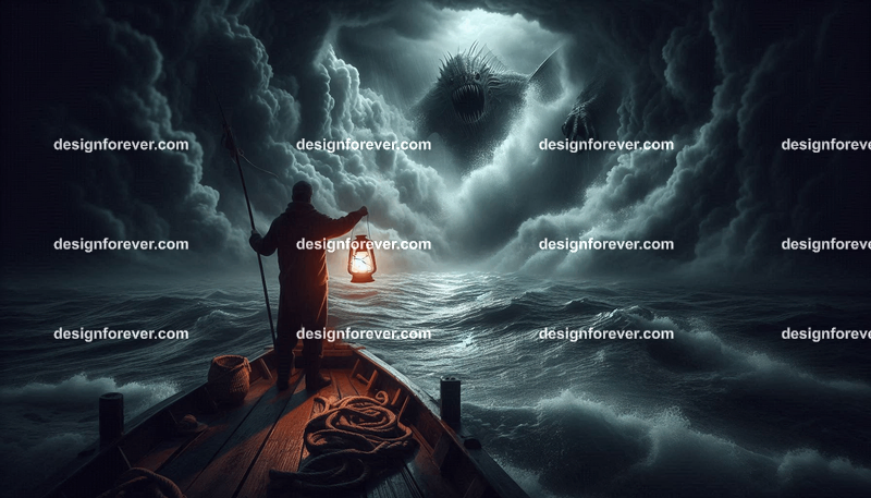 closeup of fisherman frightened with panic staring into abyss fog shadow of sea monstrosity