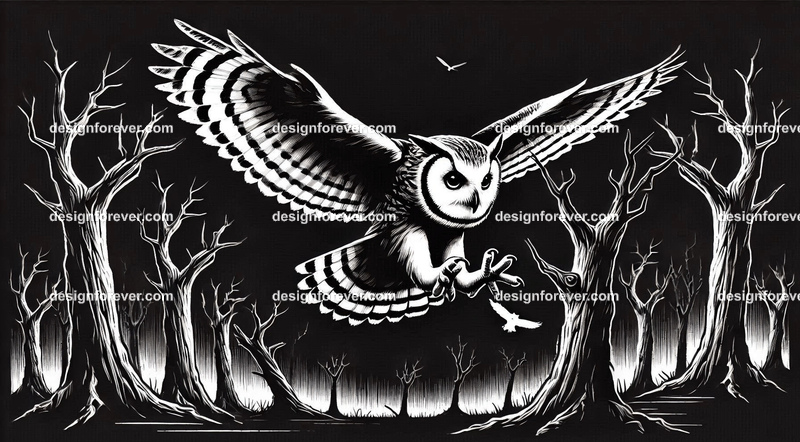 owl on a dead branch in creepy dark woods with dead trees