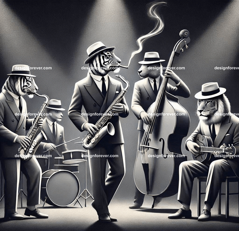 Anthropomorphs tigers and lions as 1920s jazz musicians with suits, fedoras, and instruments in dark smoky room