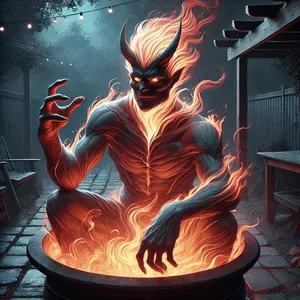 fire demon hiding in firepit in the yard