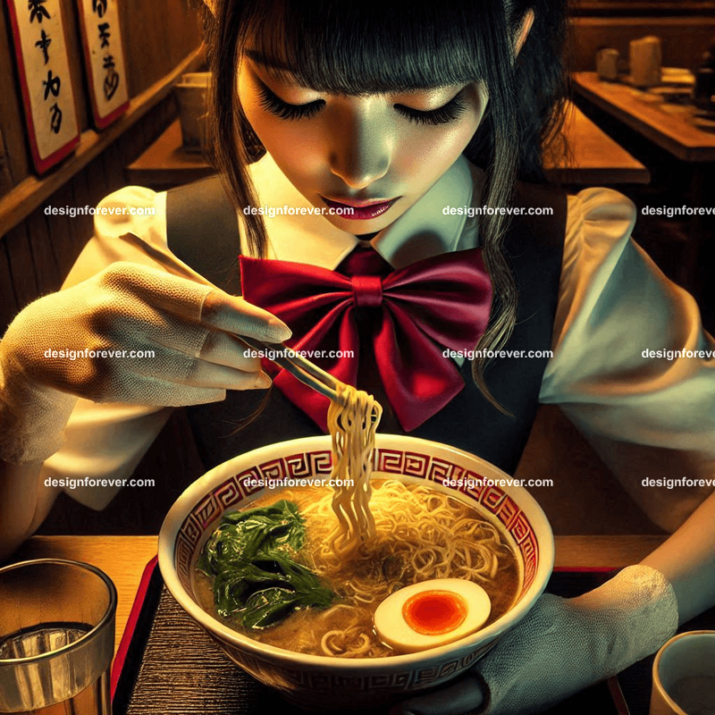 tokyo hostess eating bowl of ramen closeup extreme contrast