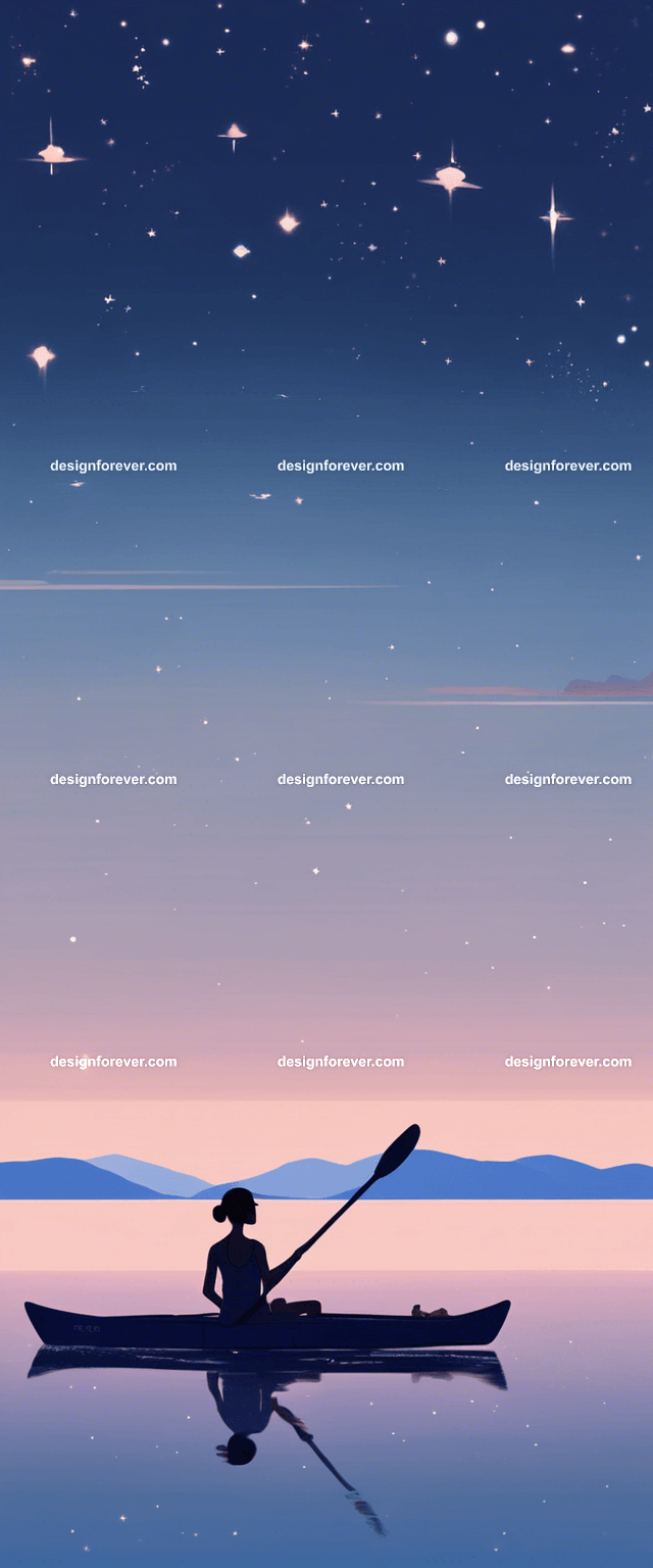 young woman on kayak on calm lake deep dark blue evening sky with stars