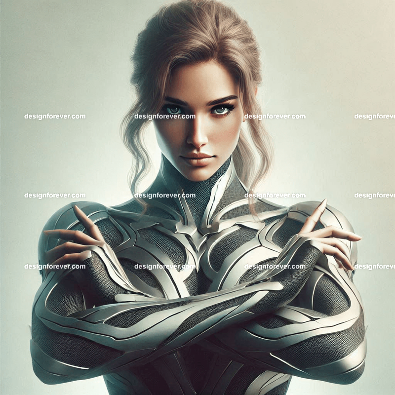 fierce woman in body suit armor cross arm ultraman defense