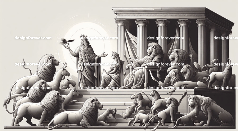 An allegorical piece where a lion king presides over a court of animals