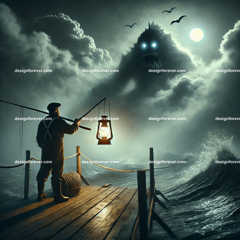 fisherman at sea with lantern peering into dark fog shape of monster Masterful photo