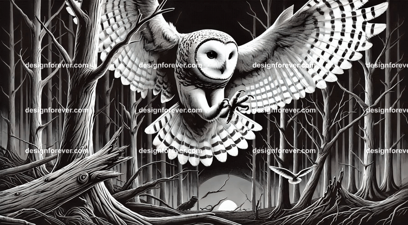 owl swooping down for prety in creepy dark woods with dead trees