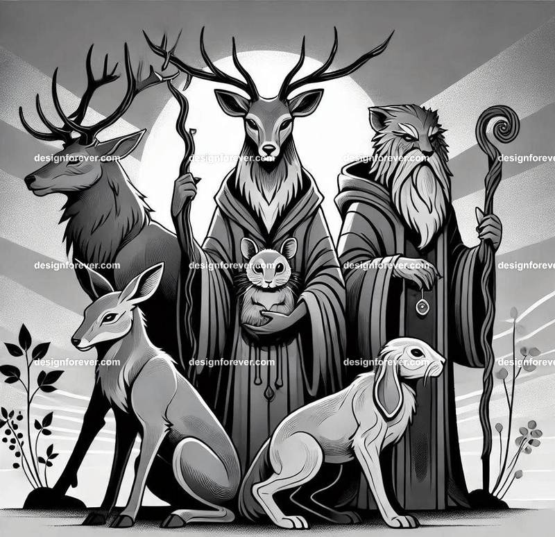 Woodland animals personified as wise, druidic protectors of nature