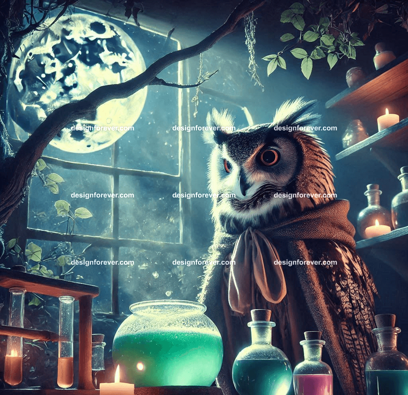 A raven with a star glowing in its beak, flying through a twilight sky over a mystical forest
