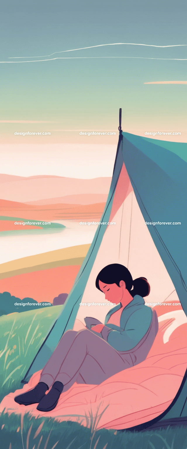 young woman sleeping outside in sleeping bag and tent under night evening sky
