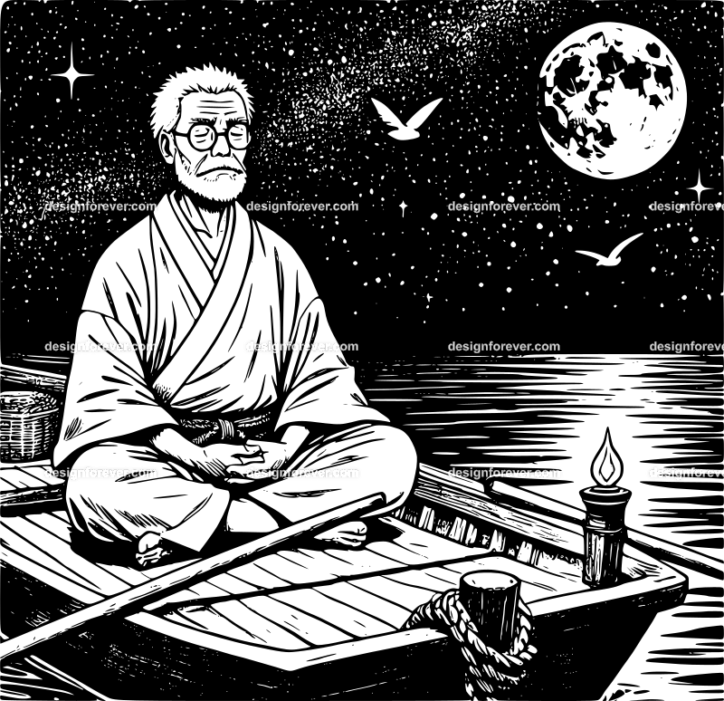 Night scene of plain looking old man meditating on boat