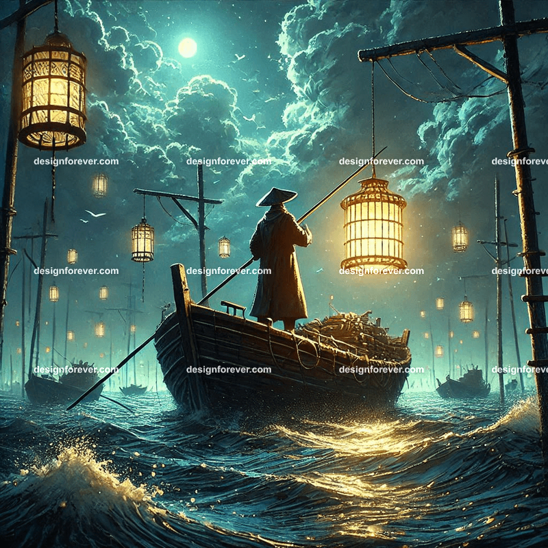 Long fisherman with lantern on boat