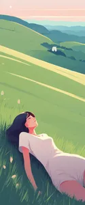 young woman with book lying on grass on hillside