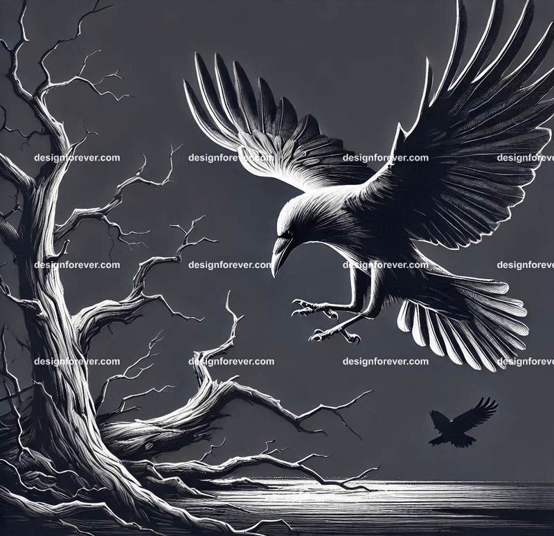 crow flying down towards its prey on ground in dark forest with dead trees