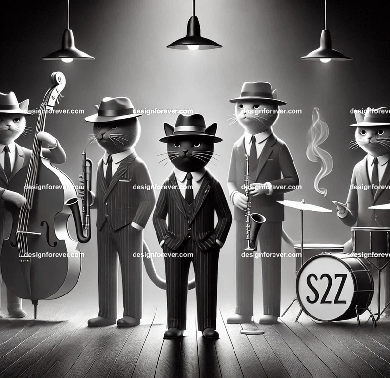 Anthropomorphs cats as 1920s jazz musicians with suits, fedoras, and instruments in dark smoky room