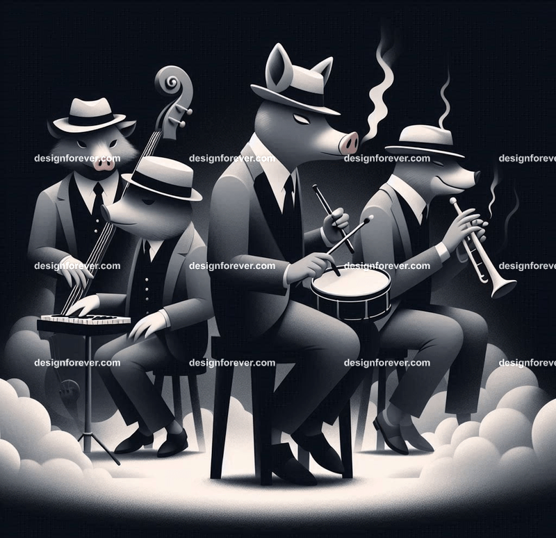 Anthropomorphs pigs and wolves as 1920s jazz musicians with suits, fedoras, and instruments in dark smoky room