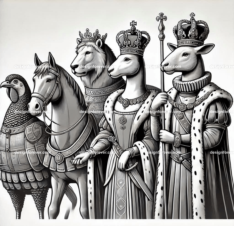 Animals depicted as kings, queens, or nobility, wearing intricate medieval or regal attire