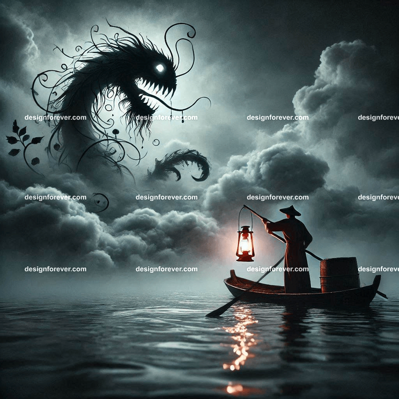 fisherman at sea with lantern peering into dark fog shape of monster Masterful photo