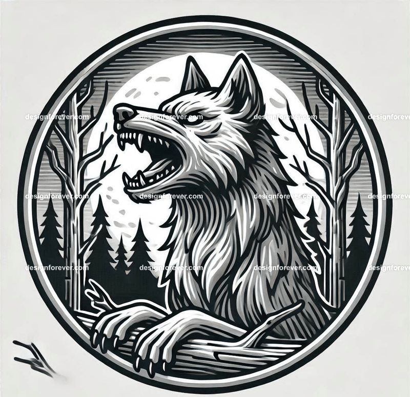 badge depicting A wolf baring its teeth in a creepy forest with dead trees