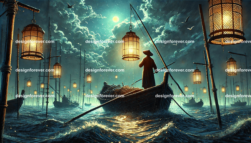 Long fisherman with lantern on boat
