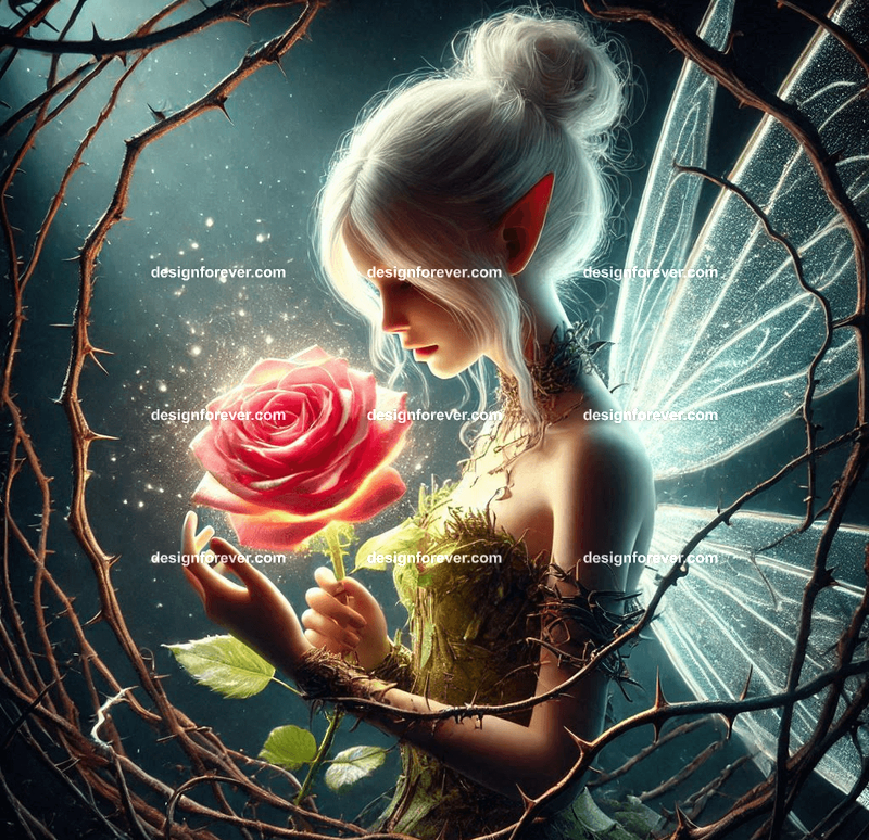 A fairy guarding a glowing, enchanted rose protected by a barrier of thorny vines