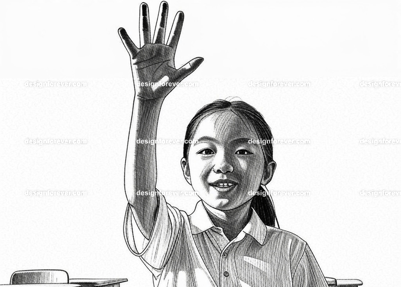 girl raising her hand with energy to answer question from teacher in classroom