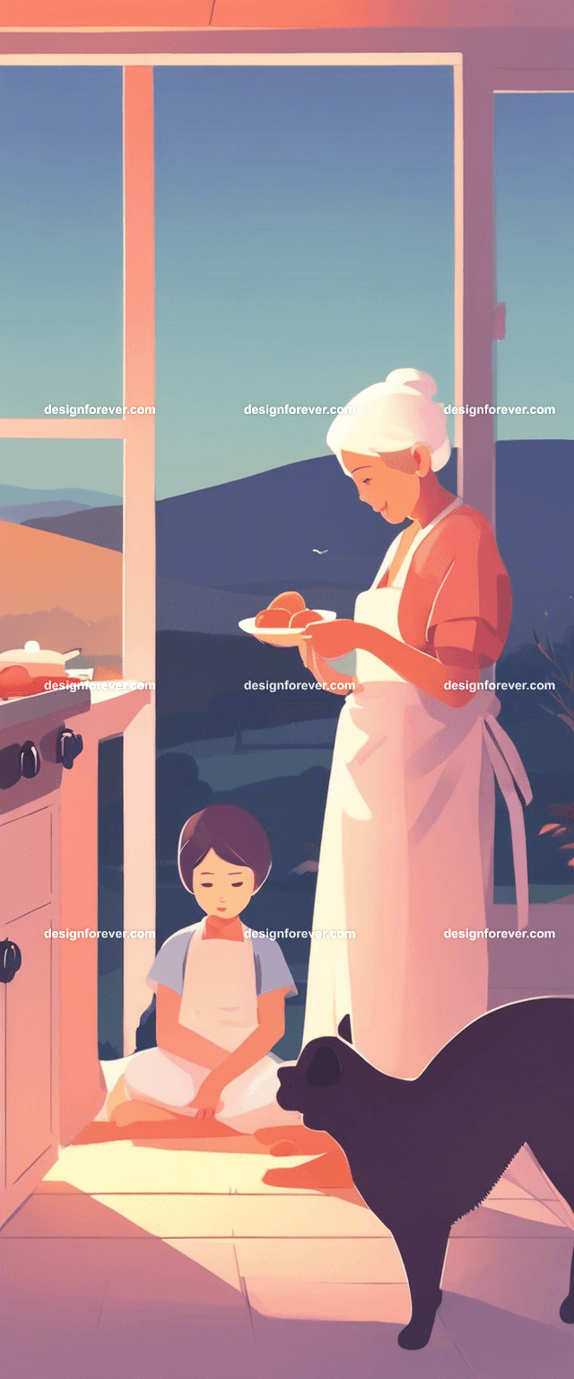 grandmother with child cooking in kitchen evening time with dark sky