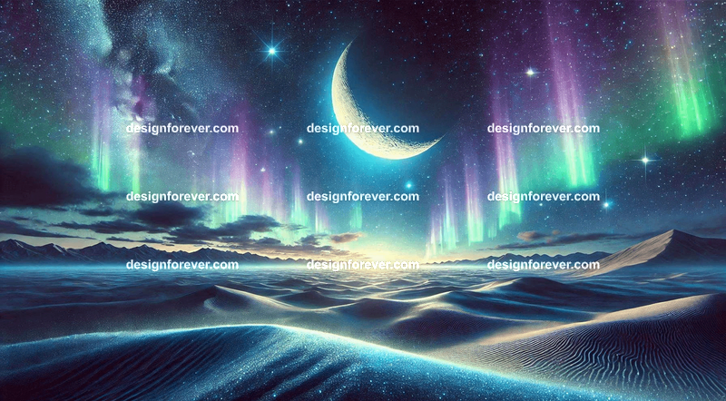 A celestial nightscape with a glowing crescent moon, twinkling stars, and soft auroras