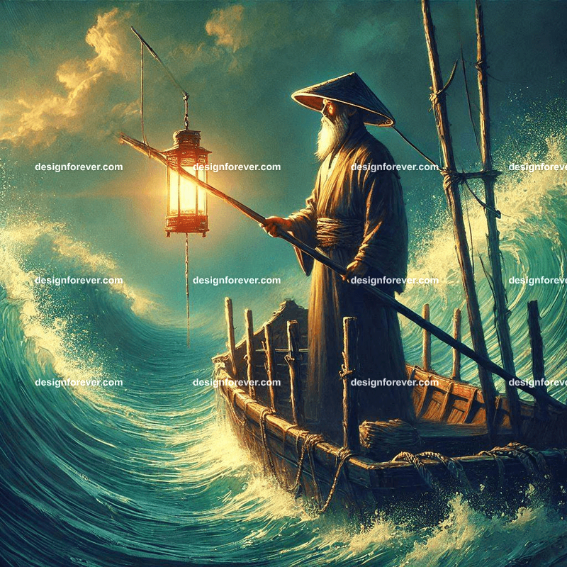 Long fisherman with lantern on boat