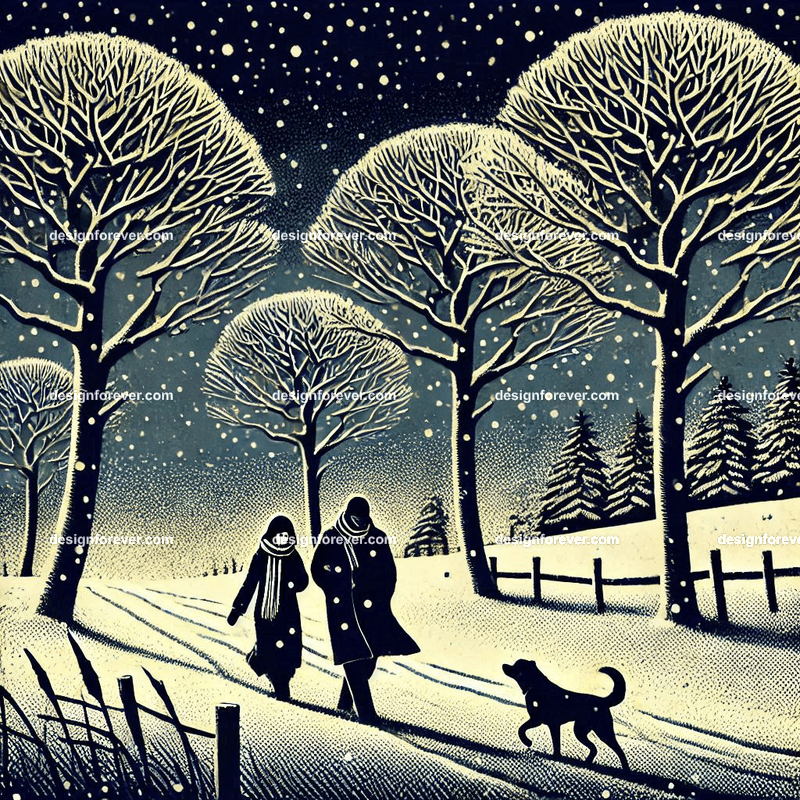 couple walking with a dog in winter